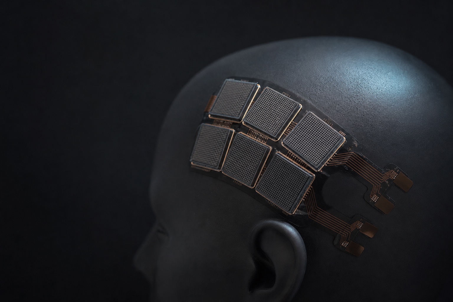 Industrial design concept of six flat ultrasound tiles conforming to a laboratory headform.